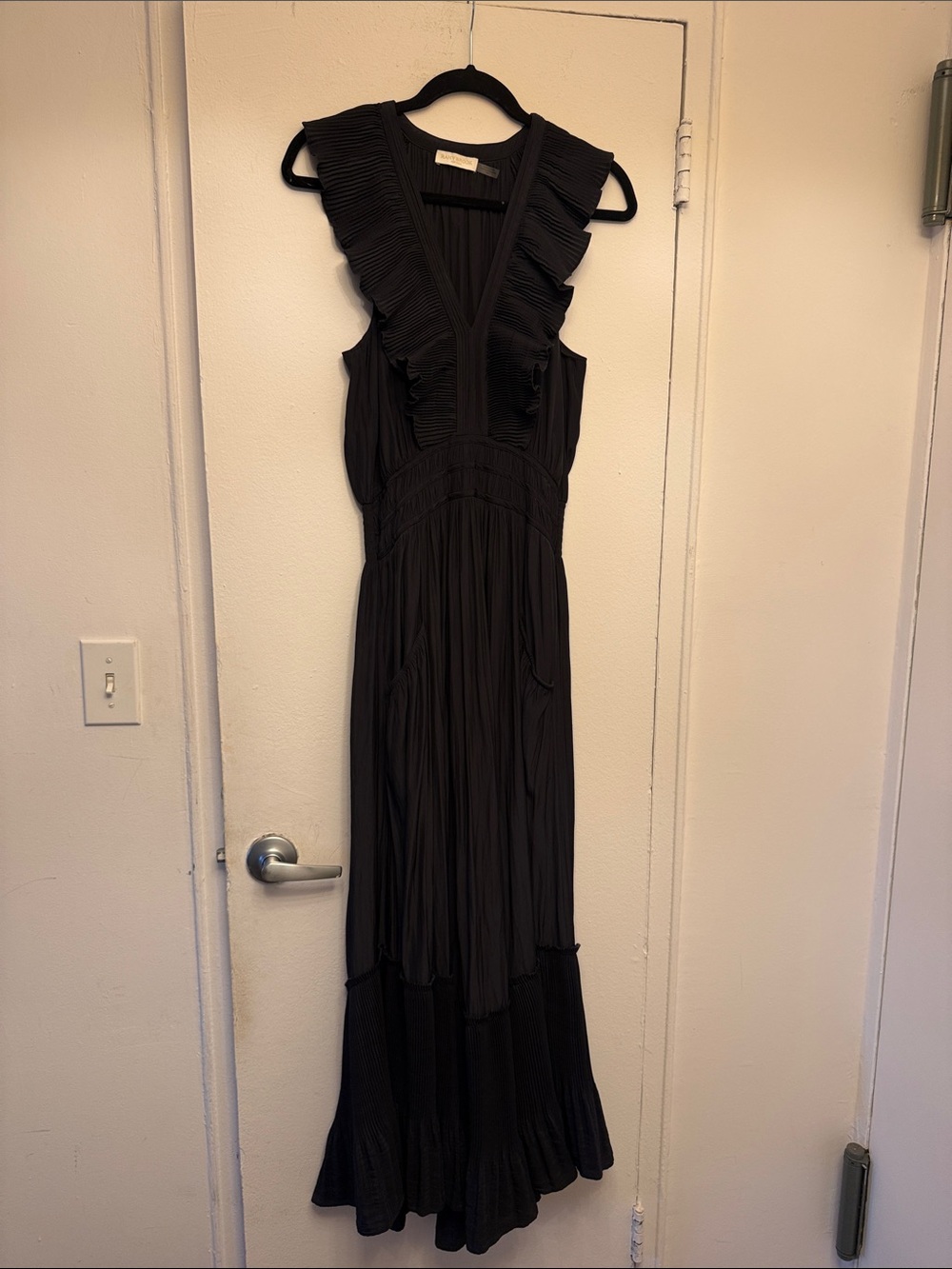 Ramy Brook Black Pleated Ruffle V-Neck Maxi Dress